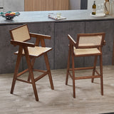 Mid-Century Modern Rattan and Wood Bar Stool with Armrests