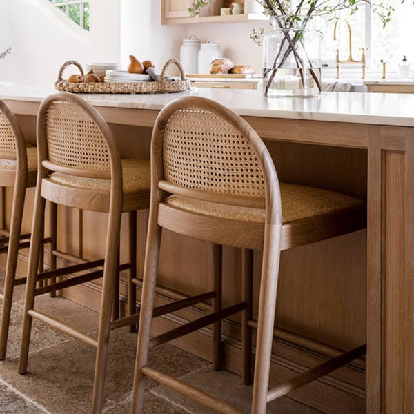 Boucle Bar Stool with Back, Upholstered Kitchen Stool with Natural Rattan Woven Back and Solid Wood Legs