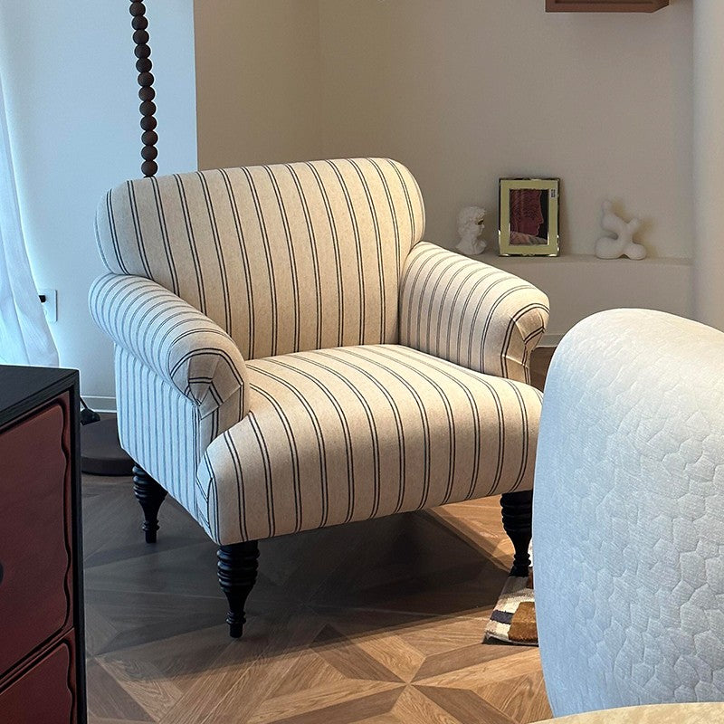 Modern Striped Linen Armchair – Rolled Arm Accent Chair with Solid Wood Legs