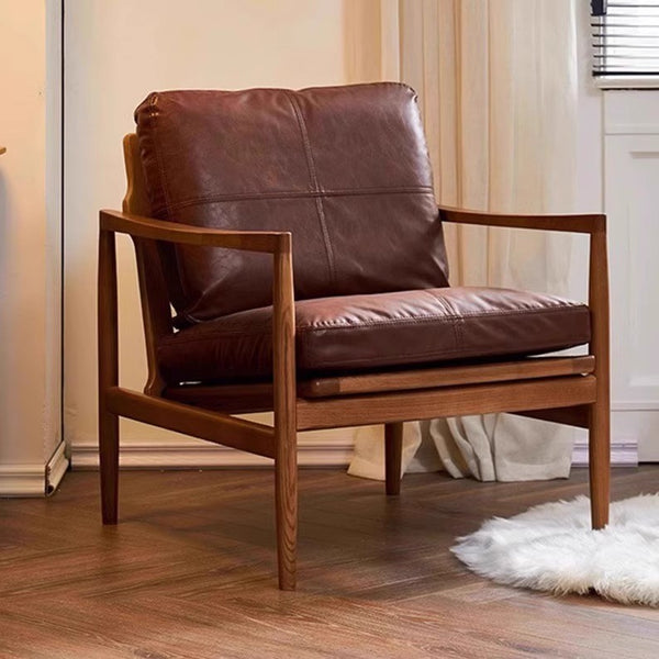 Mid-Century Modern Solid Wood Leather Armchair – Premium Tan Upholstery