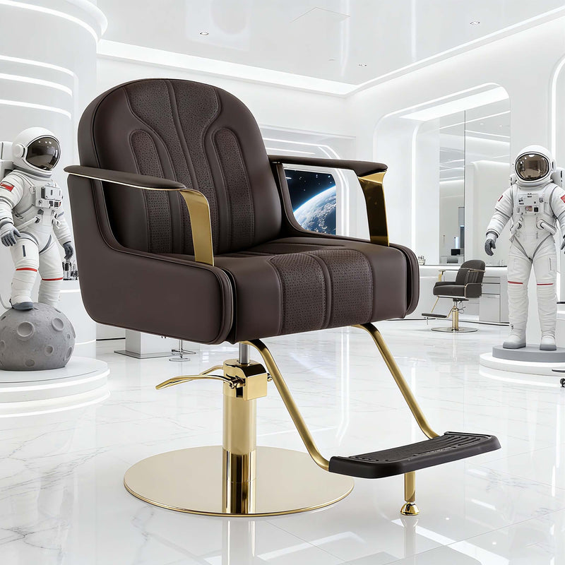 Modern Swivel Salon Chair – Adjustable Height, Faux Leather Upholstery & Gold/Chrome Base with Footrest