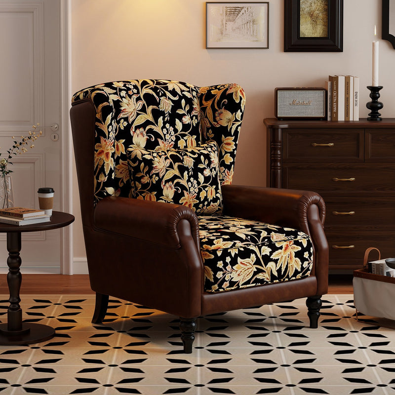 Vintage Wingback Lounge Chair – Floral Tapestry Accent Armchair with PU Leather Trim