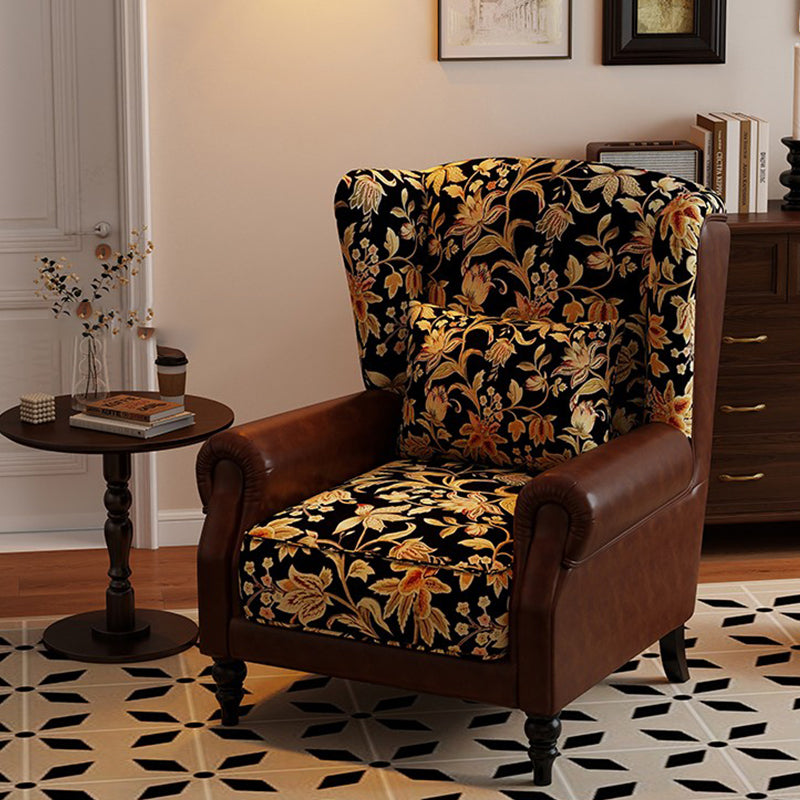 Vintage Wingback Lounge Chair – Floral Tapestry Accent Armchair with PU Leather Trim