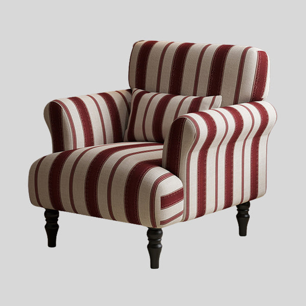 Modern Striped Linen Armchair – Rolled Arm Accent Chair with Solid Wood Legs