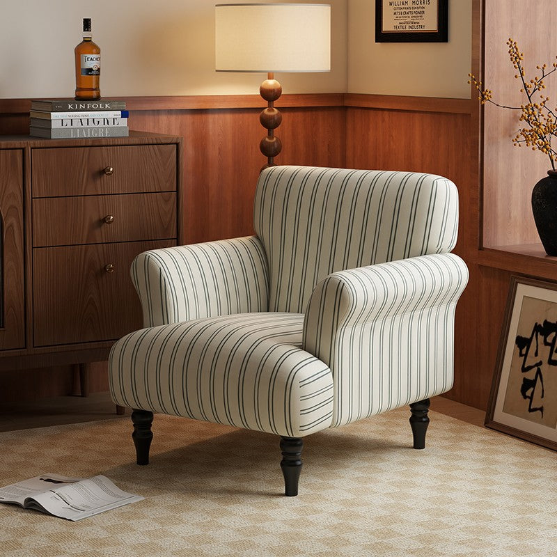 Modern Striped Linen Armchair – Rolled Arm Accent Chair with Solid Wood Legs
