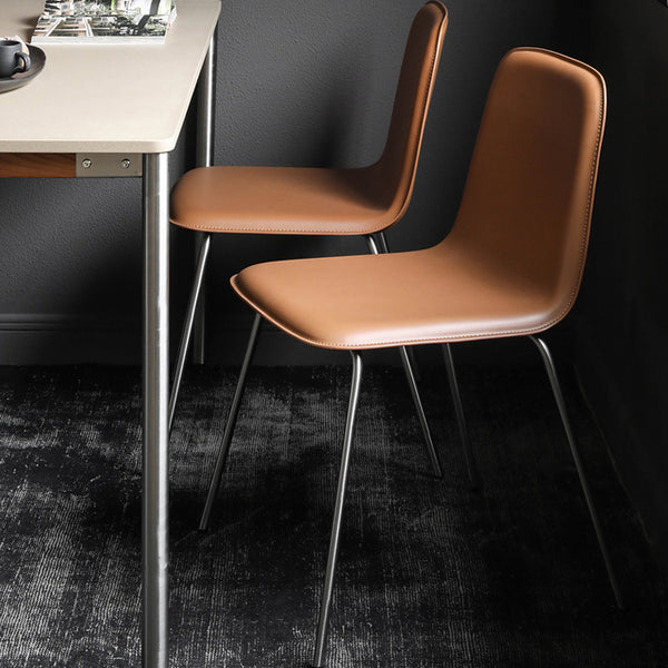 Modern Brown Leather Dining Chair with Sleek Metal Legs