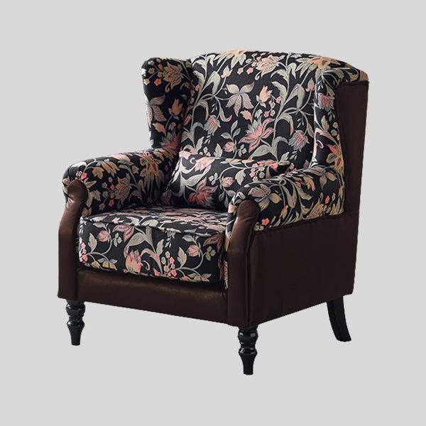 Vintage Floral Wingback Armchair – Classic Upholstered Lounge Chair with PU Leather Trim