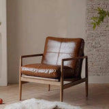 Mid-Century Modern Solid Wood Leather Armchair – Premium Tan Upholstery