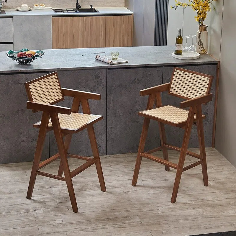 Mid-Century Modern Rattan and Wood Bar Stool with Armrests