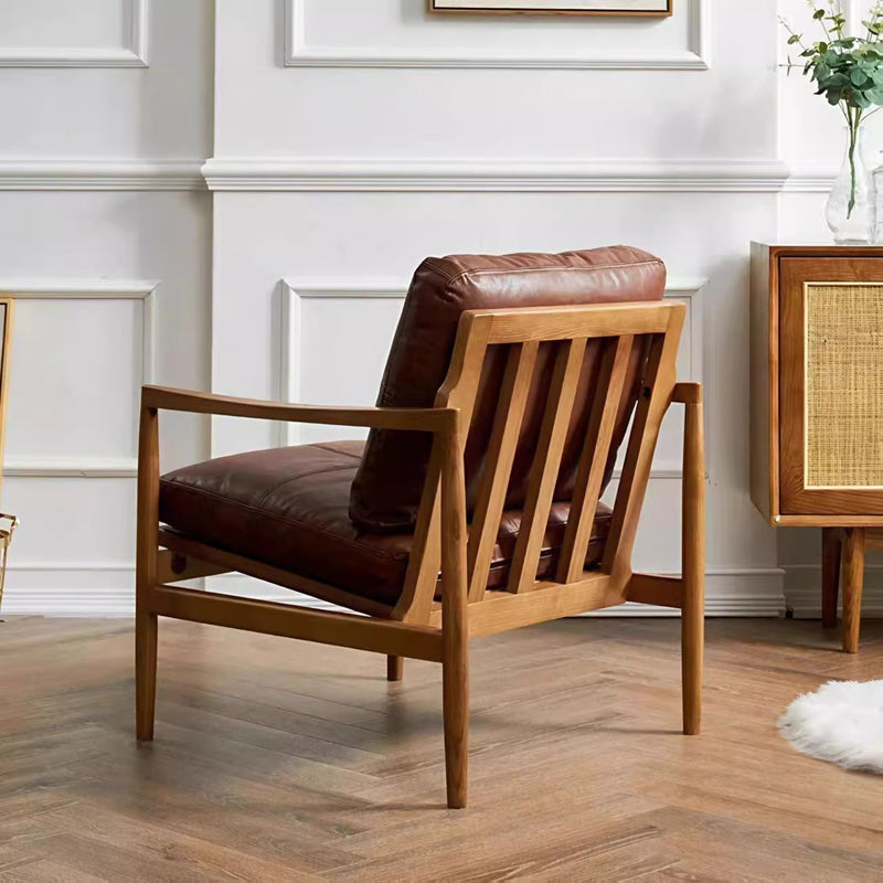 Mid-Century Modern Solid Wood Leather Armchair – Premium Tan Upholstery