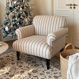 Modern Striped Linen Armchair – Rolled Arm Accent Chair with Solid Wood Legs
