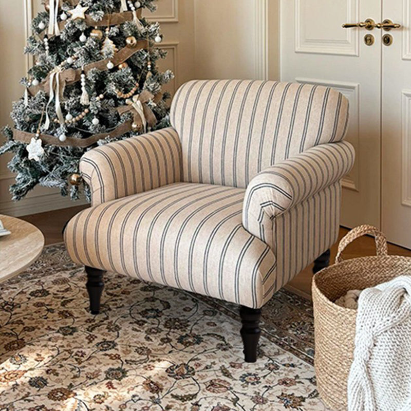 Modern Striped Linen Armchair – Rolled Arm Accent Chair with Solid Wood Legs
