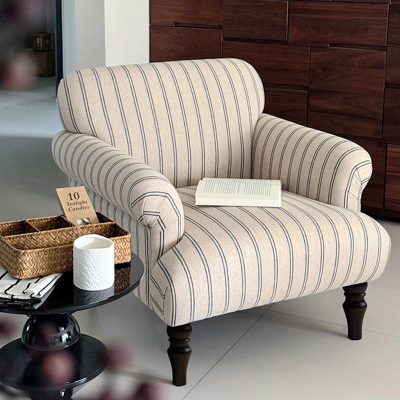 Modern Striped Linen Armchair – Rolled Arm Accent Chair with Solid Wood Legs