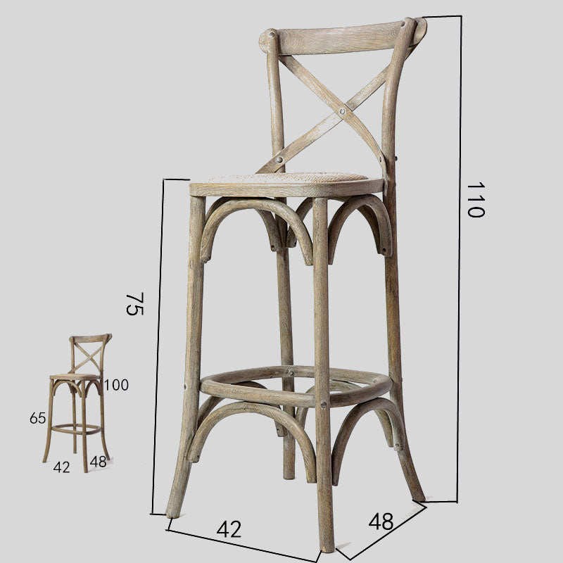 Cross Back Oak Wood & Rattan Barstool