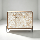 Tropical Leaf Carved Wooden Sideboard - Luxury Gold Accent Storage Cabinet