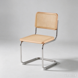 A modern cantilever dining chair with a light natural wood seat and backrest woven with cane, supported by a polished chrome metal frame, photographed against a neutral light gray background.