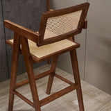 Mid-Century Modern Rattan and Wood Bar Stool with Armrests