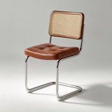 A modern dining chair with a brown leather seat, a woven cane backrest, and a chrome steel cantilever frame, photographed on a light gray studio background.