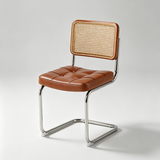 A modern side chair with a tufted brown leather seat and a woven cane backrest, supported by a chrome cantilever frame, photographed on a light gray studio background.