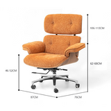 An orange upholstered office chair with dimension callouts showing height, width, and depth measurements on a white background.