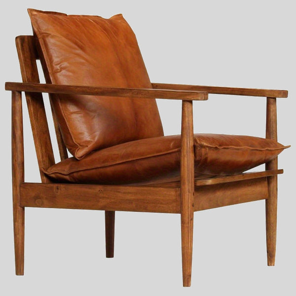 Mid-Century Modern Solid Wood Leather Armchair – Premium Tan Upholstery