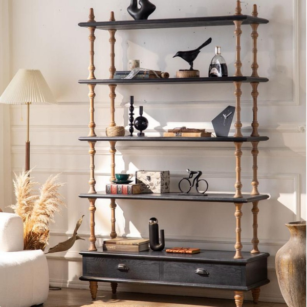 Vintage-Style Open Bookshelf with Carved Baluster Columns and Storage Drawers