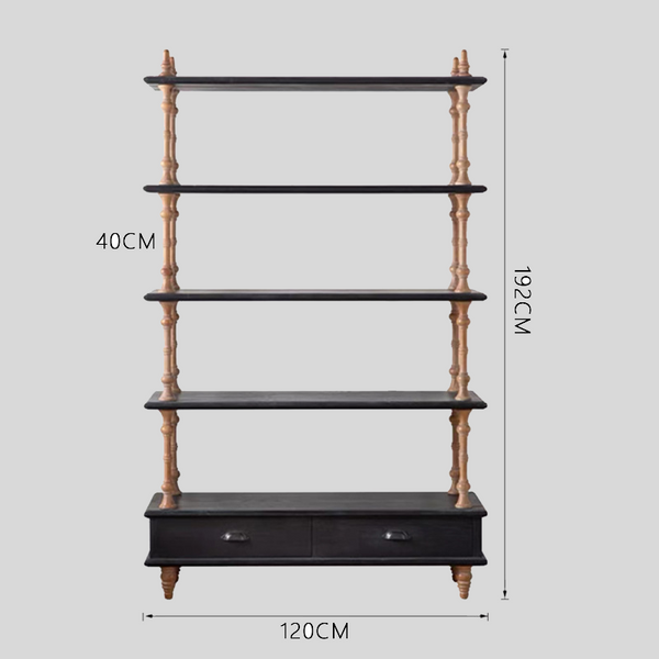 Vintage-Style Open Bookshelf with Carved Baluster Columns and Storage Drawers