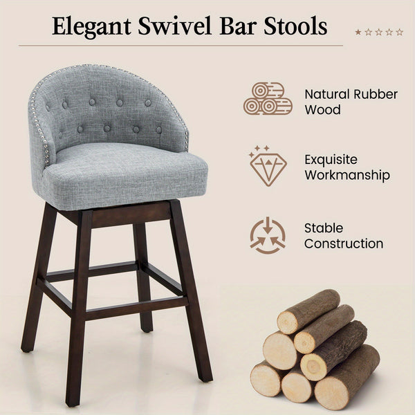 Set of 2 Grey Upholstered Swivel Bar Stools - Modern Linen Fabric with Rubberwood Legs