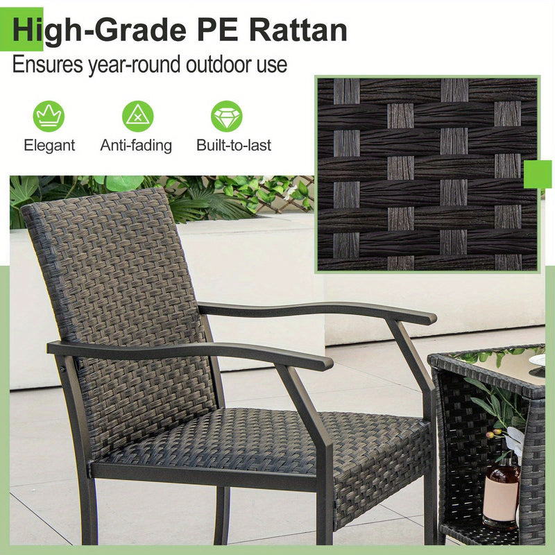 3-Piece Patio Rattan Furniture Set with Armchairs and Glass-Top Table – Outdoor Wicker Bistro Set