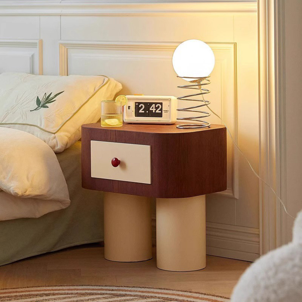 Retro Modern Bedside Table with Cream Cylindrical Legs and Drawer