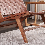 Modern Saddle Leather Sling Lounge Chair with Wooden Frame