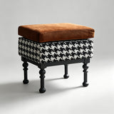 Retro Velvet & Houndstooth Ottoman Mid-Century Accent Footstool