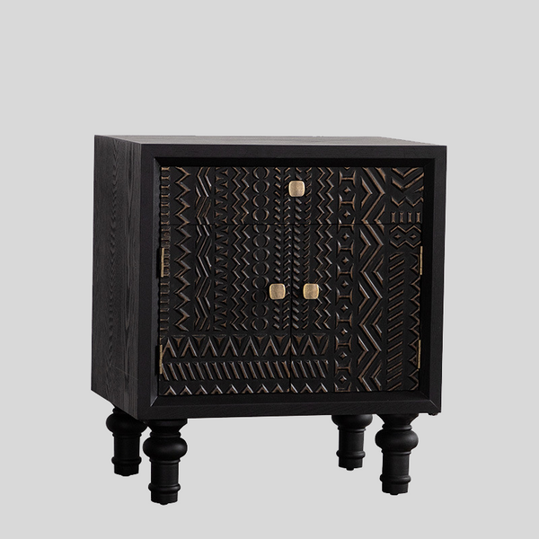 Vintage Solid Wood Bedside Cabinet with Carved Tribal Pattern