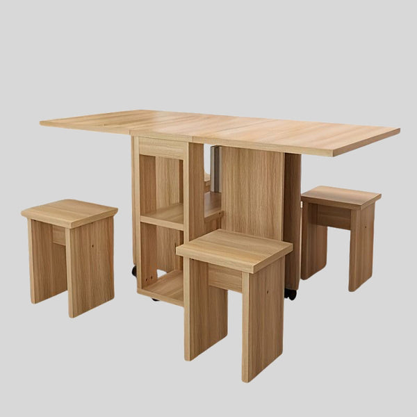 Folding Extendable Dining Table Set with Storage Shelves and 4 Stools
