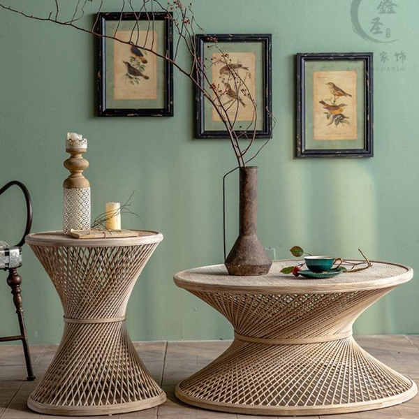 Handwoven Rattan and Bamboo Coffee & Side Table Set – Hourglass Shape