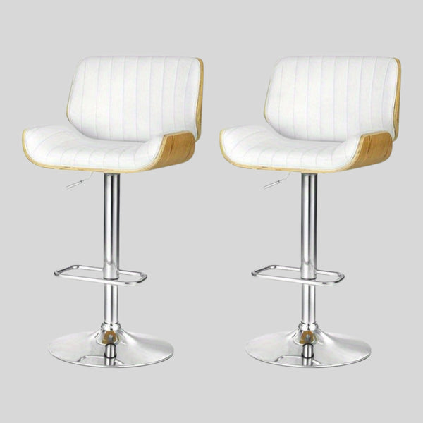 Set of 2 White PU Leather Bar Stools - Adjustable Swivel Counter Height Stools with Wooden Backrest