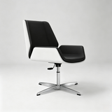 Modern office chair with a black and white upholstered seat and backrest, supported by a chrome five-star base, shown on a light gray background.