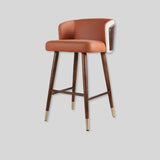 Walnut color Solid Wood and Dark Brown Leather Bar Stool High Chair with Backrest & Footrest. Modern contemporary designer Bar Chair.