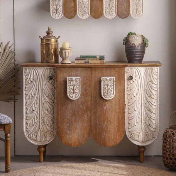 Vintage Leaf Carved Entryway Cabinet – 125cm