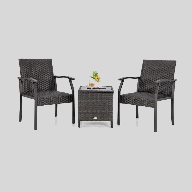 3-Piece Patio Rattan Furniture Set with Armchairs and Glass-Top Table – Outdoor Wicker Bistro Set