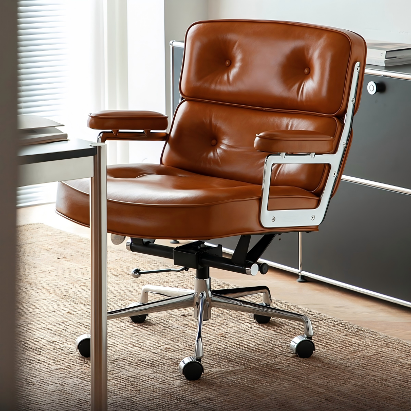 Mid-Century Lobby Chair Executive Office Chair – Adjustable Swivel Leather Desk Chair with Aluminum Base