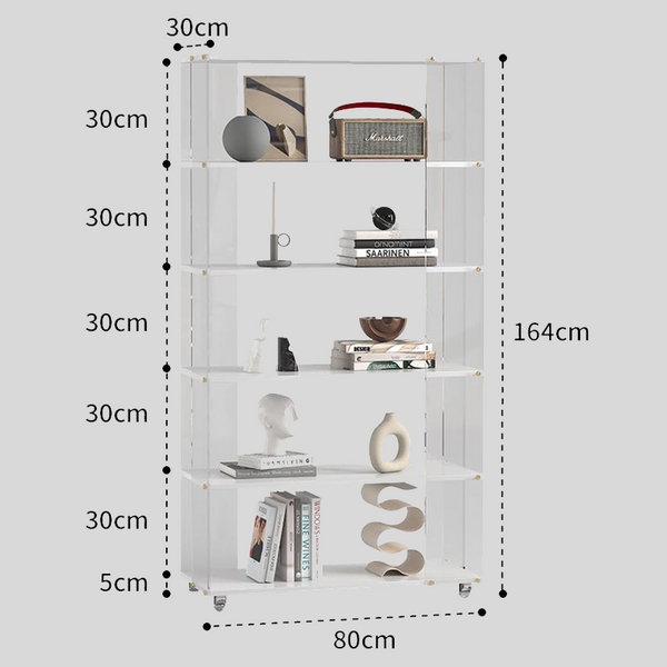 Clear Acrylic Bookshelf with White Shelves and Golden Accents