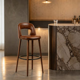 Taburete de bar moderno con respaldo curvo – Diseño de altura fija con tapicería de tela o cuero de primera calidad