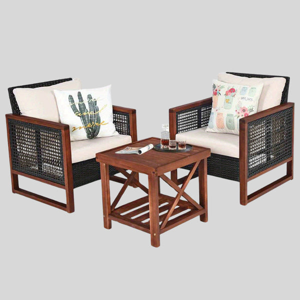 3-Piece Outdoor Acacia Wood Patio Set with Rattan Armchairs and Coffee Table