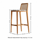 Sgabello da Bar in Legno Massello di Frassino con Schienale in Rattan – Seduta in Similpelle o Lino, 65/75cm