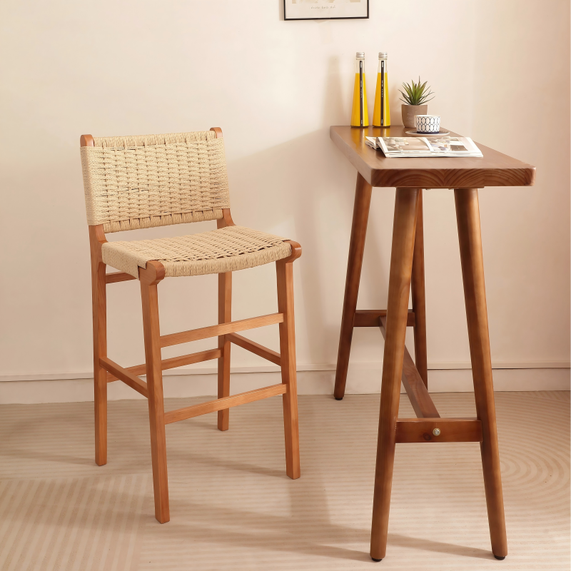 Scandinavian Woven Bar Stool – Solid Wood & Natural Rope Seat
