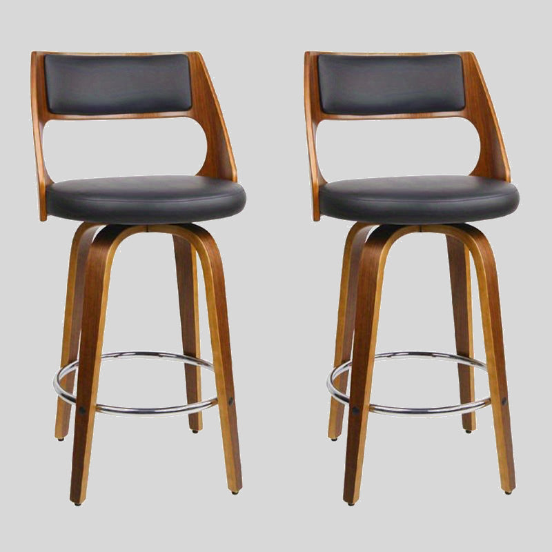 Set of 2 Mid-Century Modern Walnut Bar Stools - 360° Swivel PU Leather Seat with Chrome Footrest