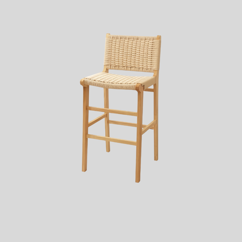 Scandinavian Woven Bar Stool – Solid Wood & Natural Rope Seat