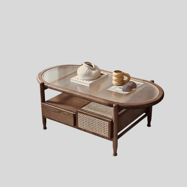 Nordic Oval Coffee Table with Fluted Glass & Rattan Drawers
