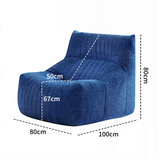 Blue upholstered lounge chair shown on a white background with overlaid dimension lines and measurements: 80 cm width, 100 cm depth, 80 cm height, 50 cm seat width, and 67 cm back height.